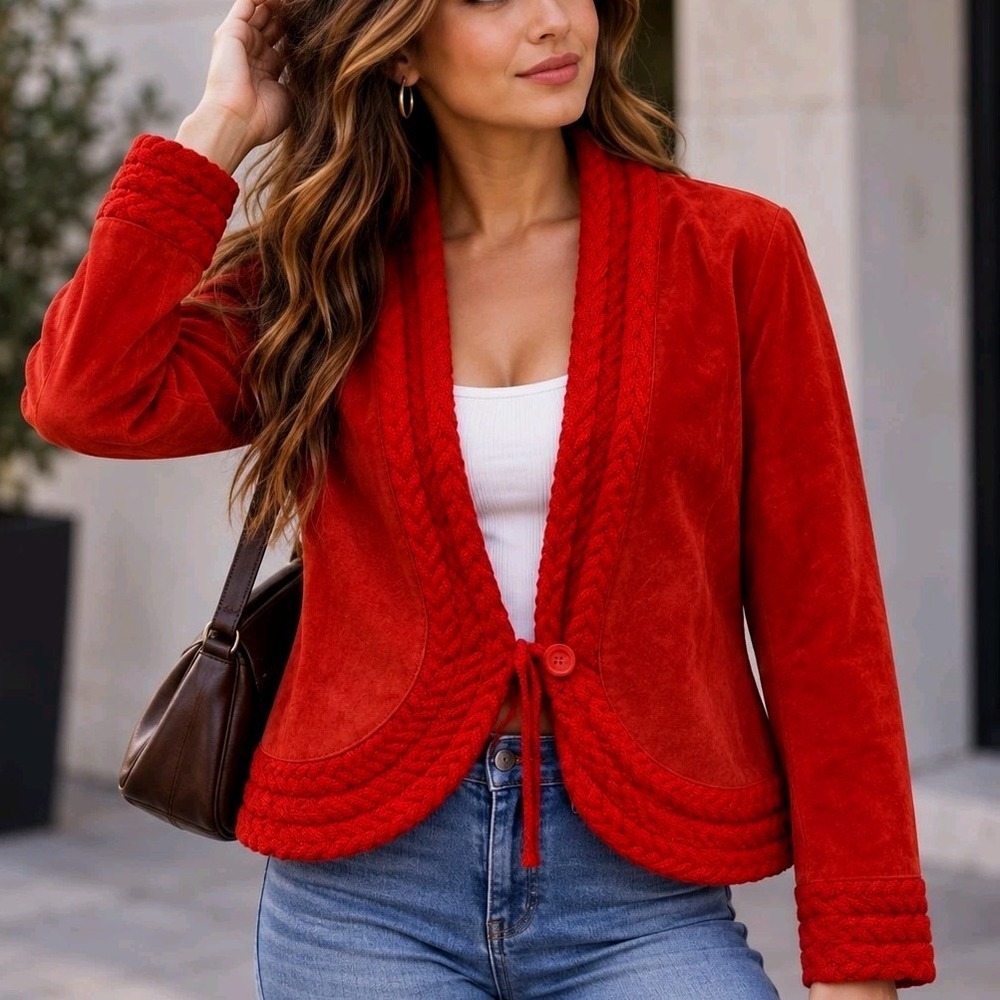 Coldwater Creek Women's M Red Suede Leather Jacket Cable Knit Trim Boho Y2K
